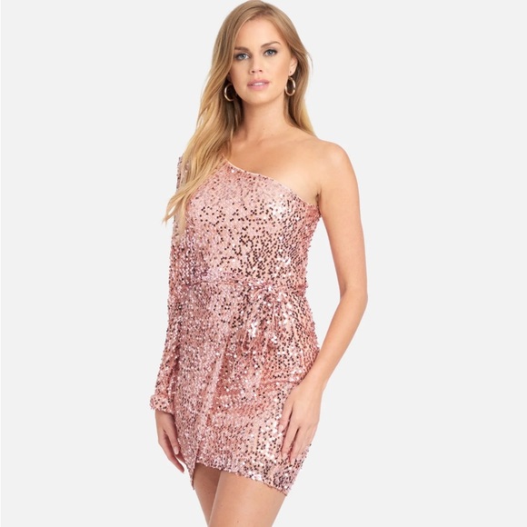 BEBE ONE SHOULDER SEQUIN WRAP DRESS - Picture 1 of 2
